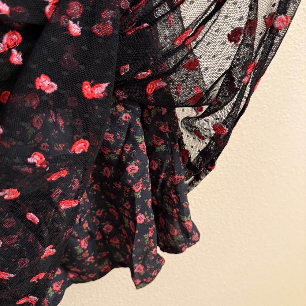 Free People Black Mini Dress with Pink Floral Print Whimsy Goth - Picture 6 of 12